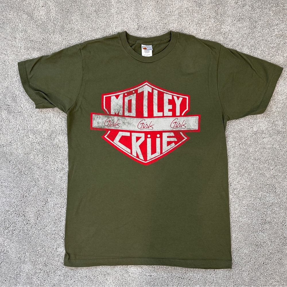 Bay Island Motley Crue Graphic Tee Mens Large Olive Green discontinued Y2K
